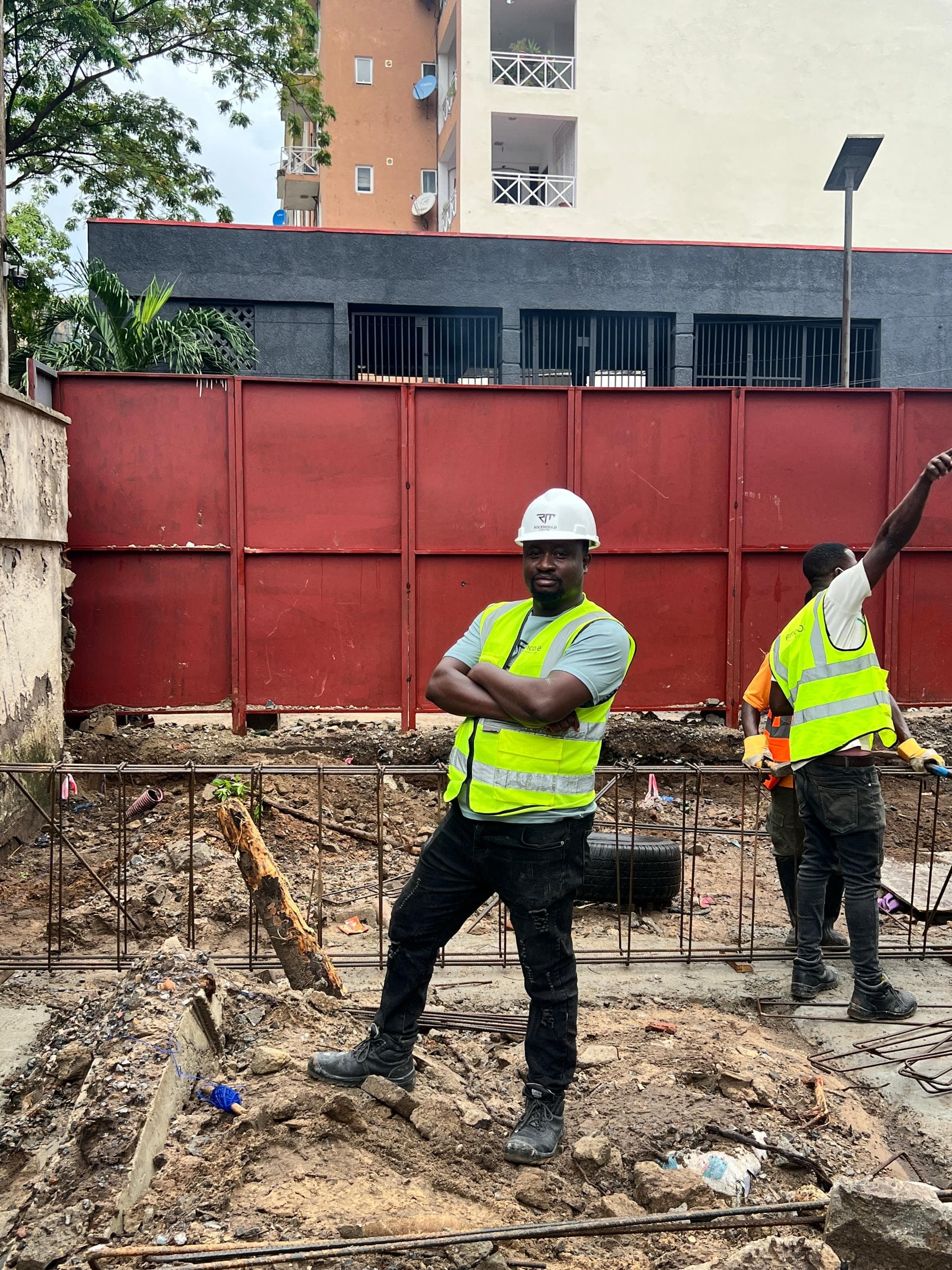 Construction team handshake on project site